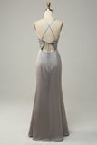 Sirena gris Vestido de dama de honor largo abierto