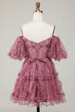 Precioso A Line Off the Shoulder Fucsia Tulle Short Homecoming Dress con mangas cortas
