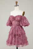 Precioso A Line Off the Shoulder Fucsia Tulle Short Homecoming Dress con mangas cortas