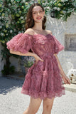 Hermosa una línea fuera del hombro Dusty Rose Tulle Short Homecoming Dress con mangas cortas