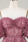 Elegante Una línea fuera del hombro Dusty Rose Tul Vestido corto de bienvenida con mangas cortas