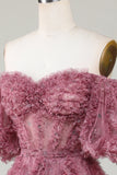 Elegante Una línea fuera del hombro Dusty Rose Tul Vestido corto de bienvenida con mangas cortas