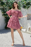 Hermosa una línea fuera del hombro Fucsia Tul Vestido corto de bienvenida con mangas cortas