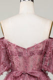 Elegante Una línea fuera del hombro Dusty Rose Tul Vestido corto de bienvenida con mangas cortas