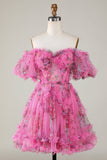 Precioso A Line Off the Shoulder Fucsia Tulle Short Homecoming Dress con mangas cortas