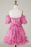 Precioso A Line Off the Shoulder Fucsia Tulle Short Homecoming Dress con mangas cortas