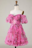 Precioso A Line Off the Shoulder Fucsia Tulle Short Homecoming Dress con mangas cortas