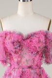 Precioso A Line Off the Shoulder Fucsia Tulle Short Homecoming Dress con mangas cortas