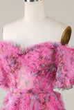 Precioso A Line Off the Shoulder Fucsia Tulle Short Homecoming Dress con mangas cortas