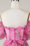 Precioso A Line Off the Shoulder Fucsia Tulle Short Homecoming Dress con mangas cortas