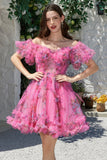Elegante Una línea fuera del hombro Dusty Rose Tul Vestido corto de bienvenida con mangas cortas
