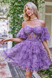 Elegante Una línea fuera del hombro Dusty Rose Tul Vestido corto de bienvenida con mangas cortas