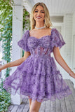Elegante Una línea fuera del hombro Dusty Rose Tul Vestido corto de bienvenida con mangas cortas