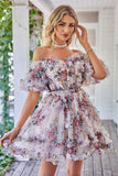 Precioso A Line Off the Shoulder Fucsia Tulle Short Homecoming Dress con mangas cortas