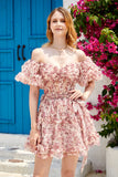 Elegante Una línea fuera del hombro Dusty Rose Tul Vestido corto de bienvenida con mangas cortas