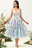 A Línea Tirantes de Espagueti Azul Vestido de Fiesta Con Flores 3D