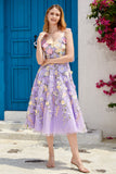Púrpura A Línea Vestido de Fiesta Con Flores 3D