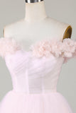 Vestido Corto de Cóctel Con Flores Rosa