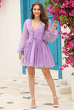 Vestido Corto de Cóctel Azul Marino Cuello en V Mangas Largas
