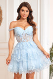 Princess A Line Purple Corsé Tiered Short Homecoming Dress con encaje
