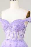 Princess A Line Purple Corsé Tiered Short Homecoming Dress con encaje