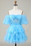 Lindo Una línea Tul azul Off The Shoulder Short Homecoming Dress