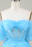 Lindo Una línea Tul azul Off The Shoulder Short Homecoming Dress