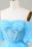 Lindo Una línea Tul azul Off The Shoulder Short Homecoming Dress