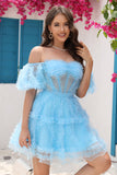 Azul Tul Fuera del Hombro Vestido de Cóctel