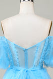 Lindo Una línea Tul azul Off The Shoulder Short Homecoming Dress