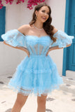 Azul Tul Fuera del Hombro Vestido de Cóctel