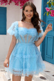 Azul Tul Fuera del Hombro Vestido de Cóctel