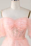 A Línea Rosa Tul Fuera del Hombro Vestido de Cóctel