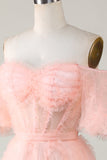 A Línea Rosa Tul Fuera del Hombro Vestido de Cóctel