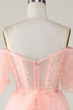 A Línea Rosa Tul Fuera del Hombro Vestido de Cóctel