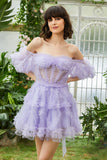 Lindo Una línea Tul azul Off The Shoulder Short Homecoming Dress
