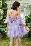 Lindo Una línea Tul azul Off The Shoulder Short Homecoming Dress