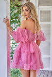 Lindo Una línea Tul azul Off The Shoulder Short Homecoming Dress