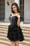 Corsé de cuentas negro brillante A-Line Vestido corto de bienvenida con plumas