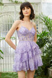 Lindo A Line Spaghetti Straps Dark Blue Sparkly Corset Homecoming Dress
