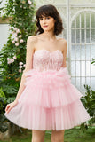 A-Línea  Escote Corazón Rosa Vestido Corto de Cóctel