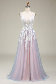 Precioso A Line Deep V Neck Grey Pink Vestido de Fiesta Largo Rosa con Apliques