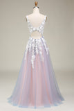 Precioso A Line Deep V Neck Grey Pink Vestido de Fiesta Largo Rosa con Apliques