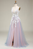 Precioso A Line Deep V Neck Grey Pink Vestido de Fiesta Largo Rosa con Apliques