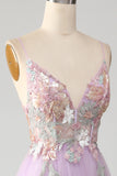 Vestido de fiesta largo lila con tirantes de espagueti de purpurina en forma de A con flores