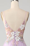 Vestido de fiesta largo lila con tirantes de espagueti de purpurina en forma de A con flores