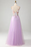 Vestido de fiesta largo lila con tirantes de espagueti de purpurina en forma de A con flores