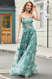Tirantes de espagueti verde Un vestido de fiesta de línea con apliques
