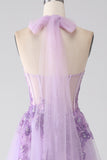 Vestido de fiesta largo con cuentas con cuello halter gris púrpura