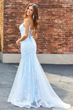Vestido largo de fiesta de sirena con cuentas brillantes de color azul claro